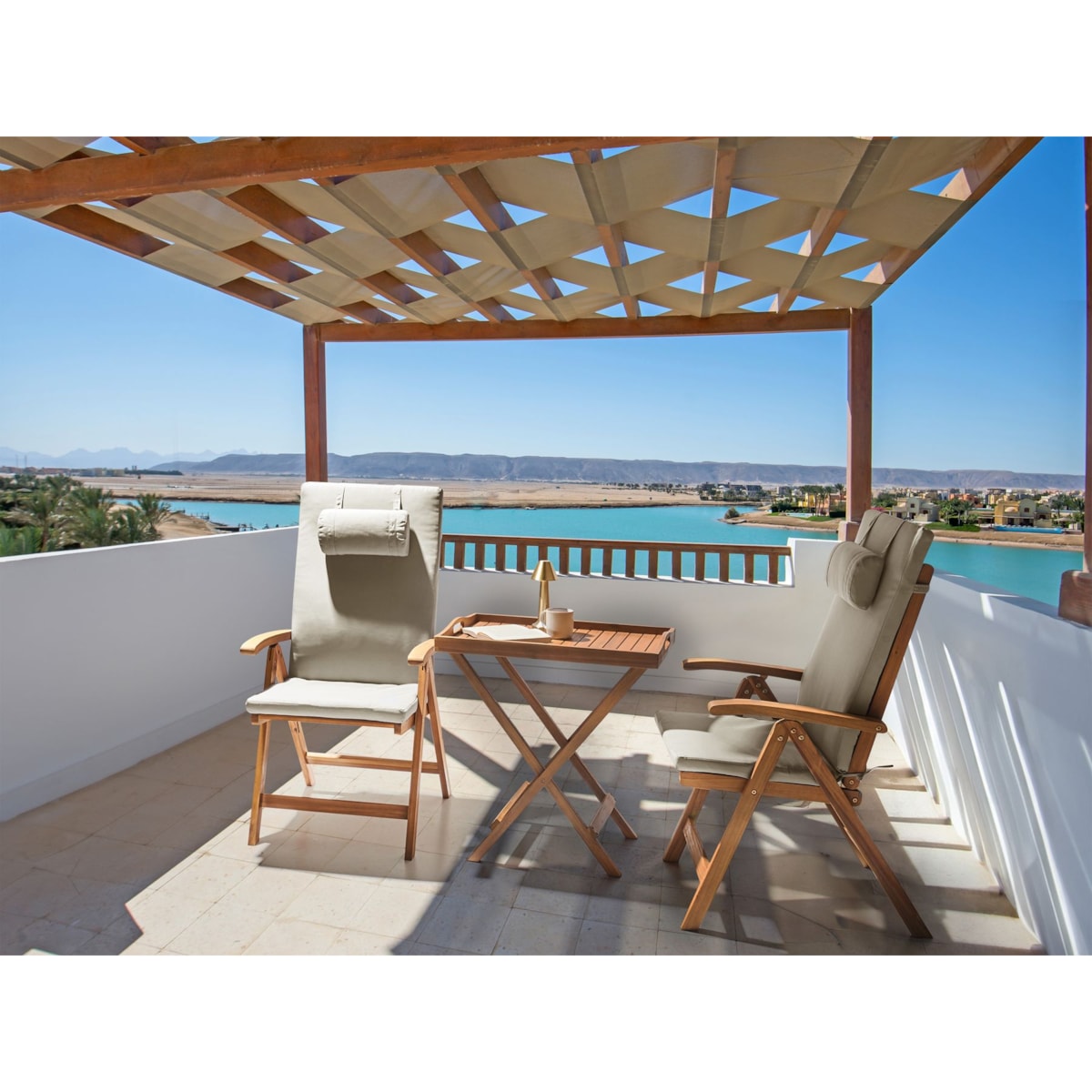 Zestaw mebli balkonowych JAVA PREMIUIM Drewno akacjowe Beżowoszary