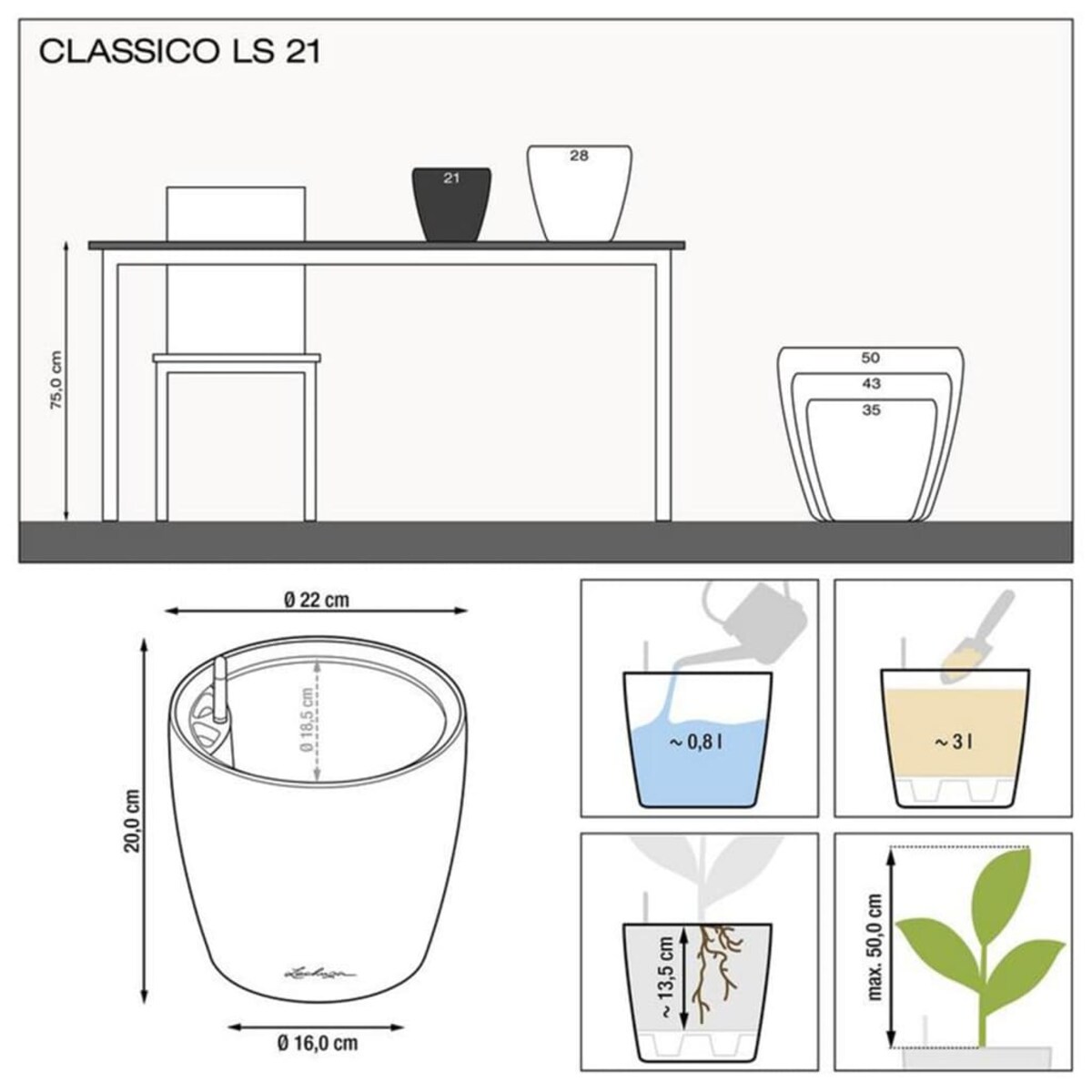 LECHUZA Doniczka stołowa CLASSICO LS 21 ALL-IN-ONE, metaliczny grafit