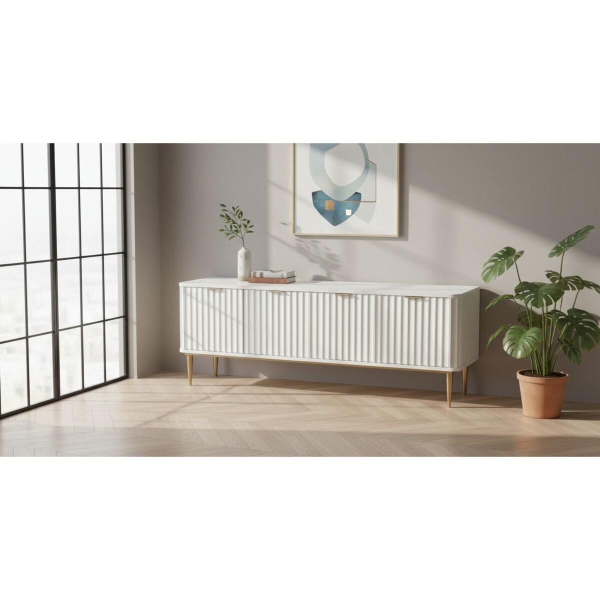 Ryflowana szafka RTV złota Livino Glamour Premium 200x40x55