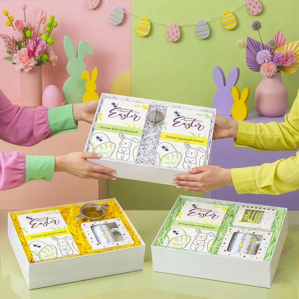 Box HAPPY EASTER zestaw kaw smakowych i herbat liściasych z zaparzaczem - paczka kosz upominek prezent na Wielkanoc Zajączka dla kobiety faceta