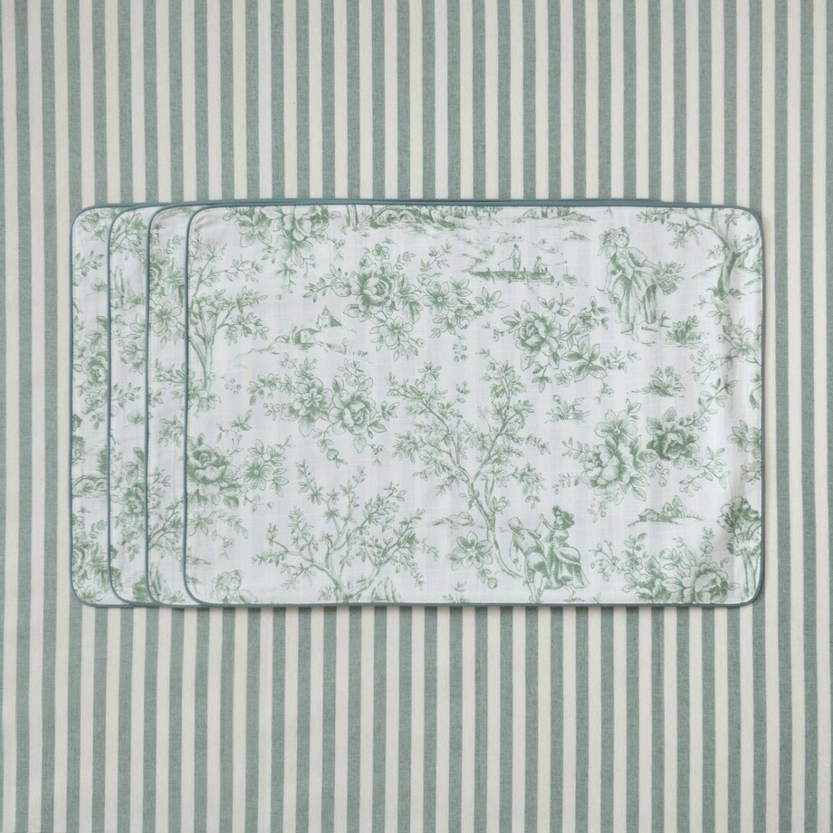 Dwustronne podkładki w stylu francuskim Toile de Jouy Green & Stripes – komplet 4 szt.