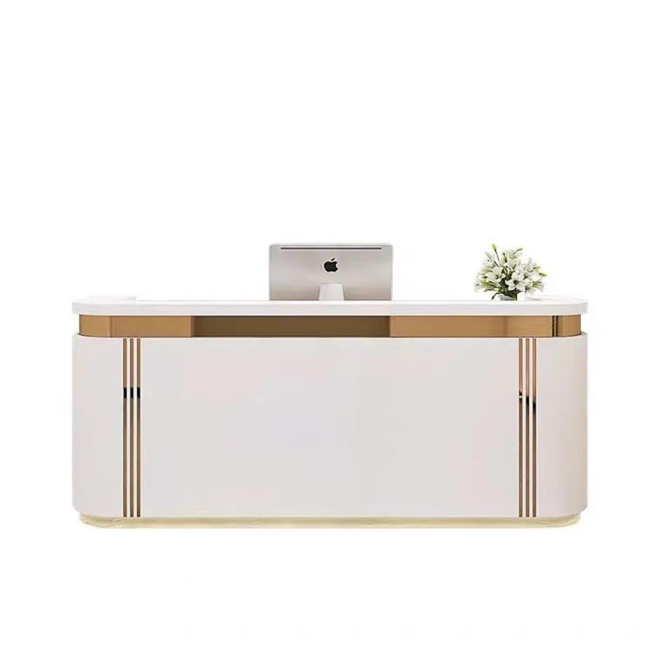 Nowoczesna biała złota lada sklepowa / recepcja Exclusive White 140x60x115 / do sklepu / do hotelu / do salonu