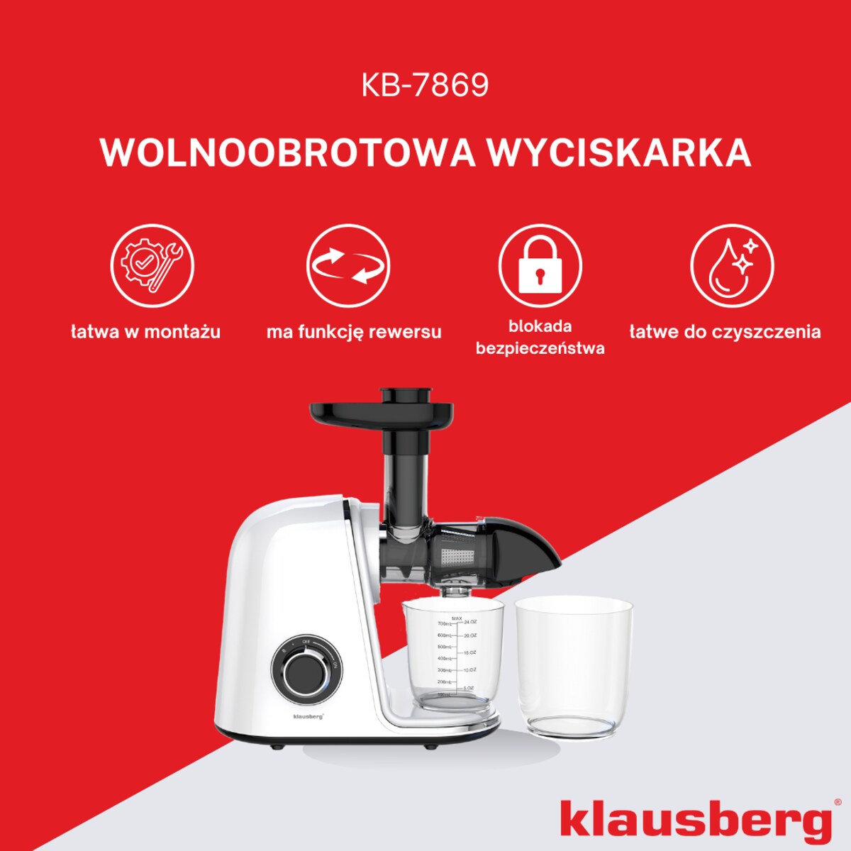 Sokowirówka wolnoobrotowa 150W do owoców i warzyw COLD PRESS KLAUSBERG KB-7869