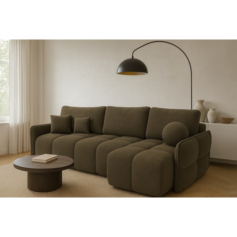 Narożnik MONO z funkcją spania i ozdobnymi poduszkami prawy, kolor taupe