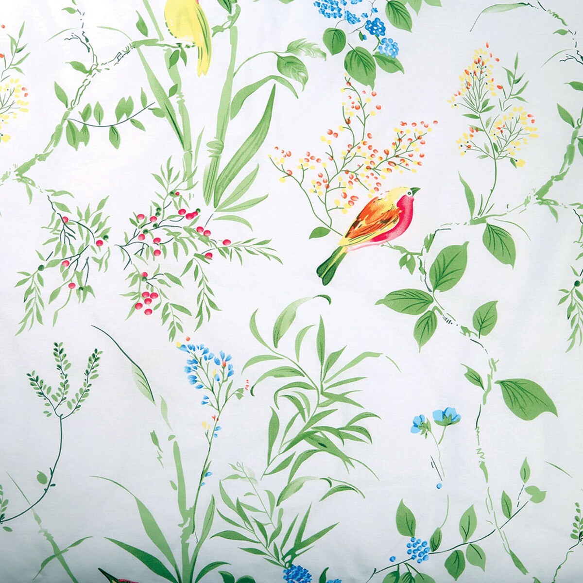 Pościel bawełniana 140x200 Verdelia biała w zielone kwiaty i kolorowe ptaki, Cottonlove