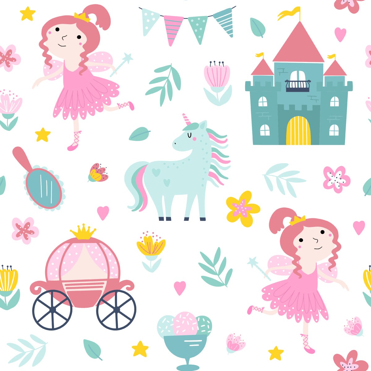Tapeta Dla Dziewczynki Jednorożce WRÓŻKI Zamki Kwiatki
