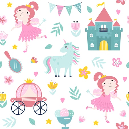 Tapeta Dla Dziewczynki Jednorożce WRÓŻKI Zamki Kwiatki