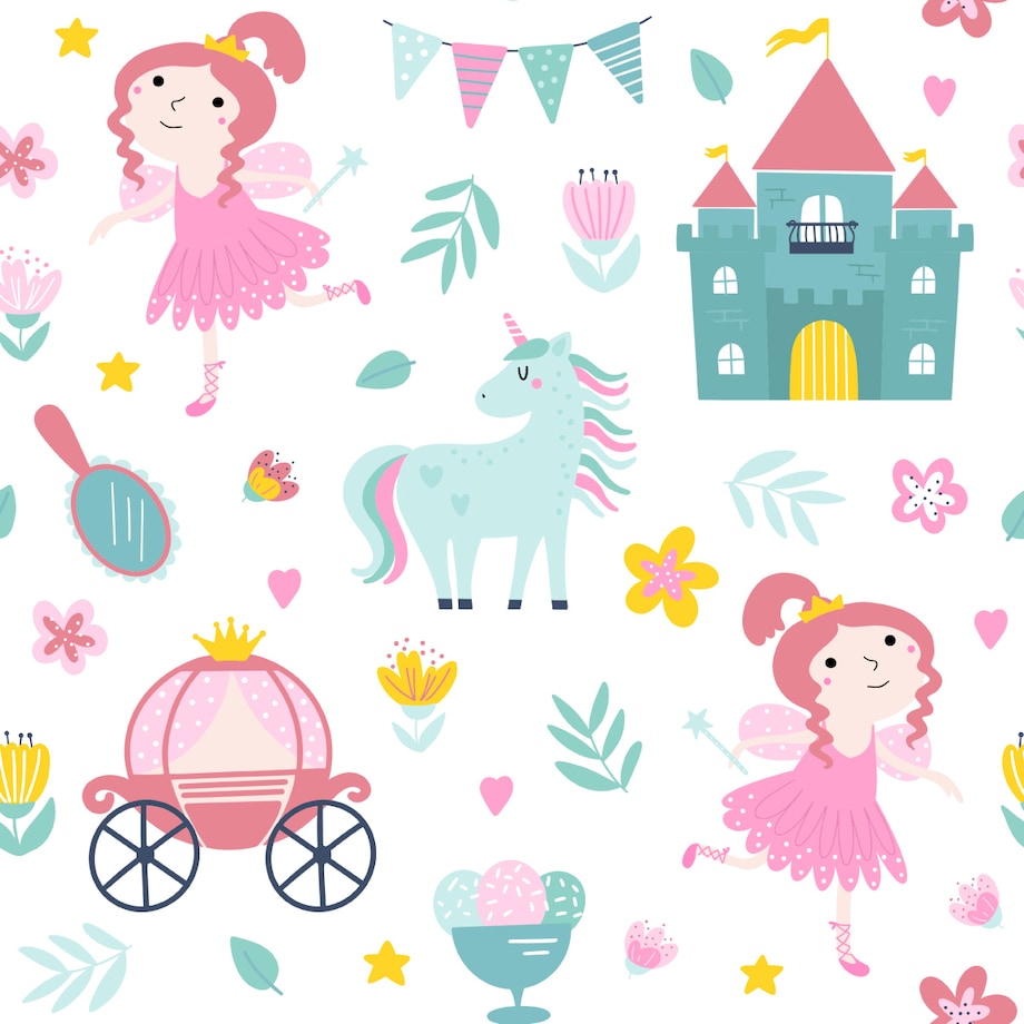 Tapeta Dla Dziewczynki Jednorożce WRÓŻKI Zamki Kwiatki