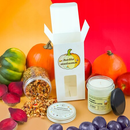Jesienny zestaw prezentowy HELLO AUTUMN świeca sojowa zapachowa + herbata sypana rabarbarowa - prezent upominek dla kobiety faceta mamy żony koleżanki