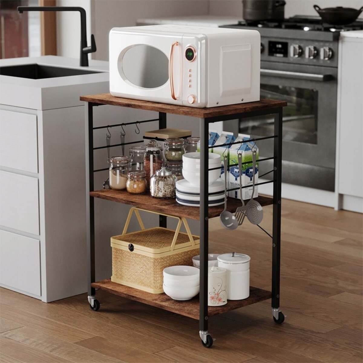 SZAFKA MOBILNA NA KÓŁKACH BRĄZOWA STOLIK ŚNIADANIOWY WÓZEK KUCHENNY 60 CM