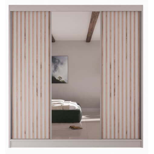 Szafa przesuwna lamele V200 z lustrem i szufladami do przedpokoju- biała