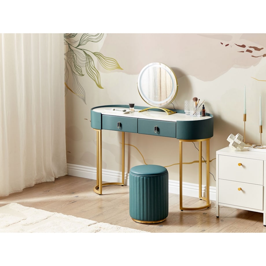 Toaletka 2 szuflady lustro LED z pufem zielono-złota VINAX