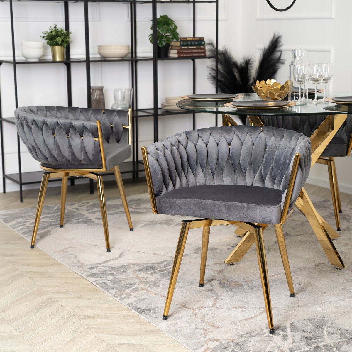 Krzesło Obrotowe Plecione Tapicerowane Welurowe Do Jadalni Szare RUBI