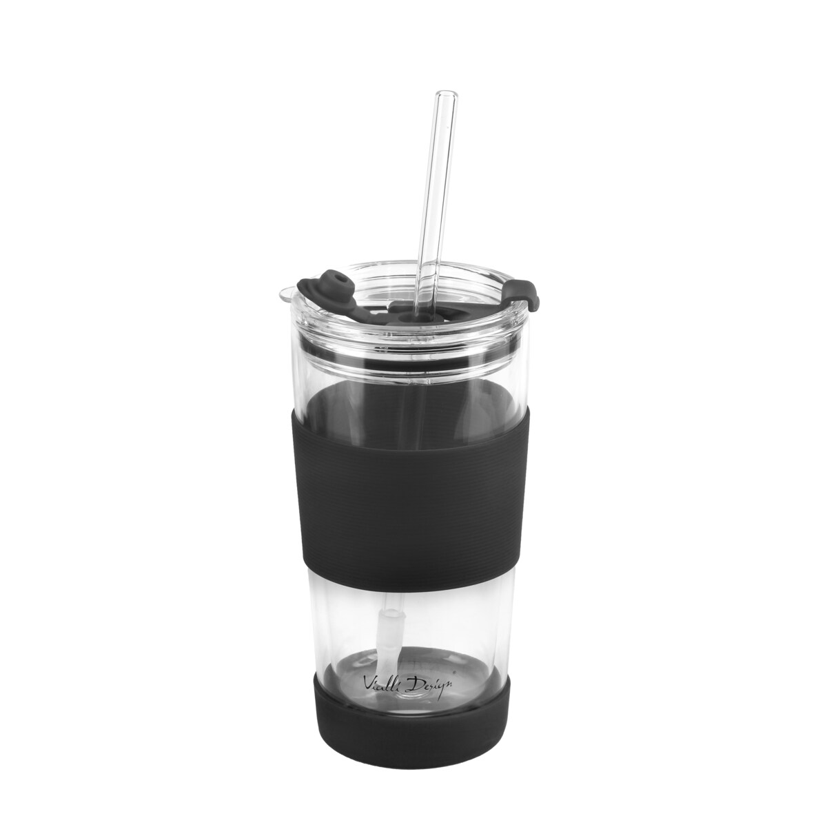 Kubek termiczny szklany ze słomką 600 ml czarny Fuori 30374