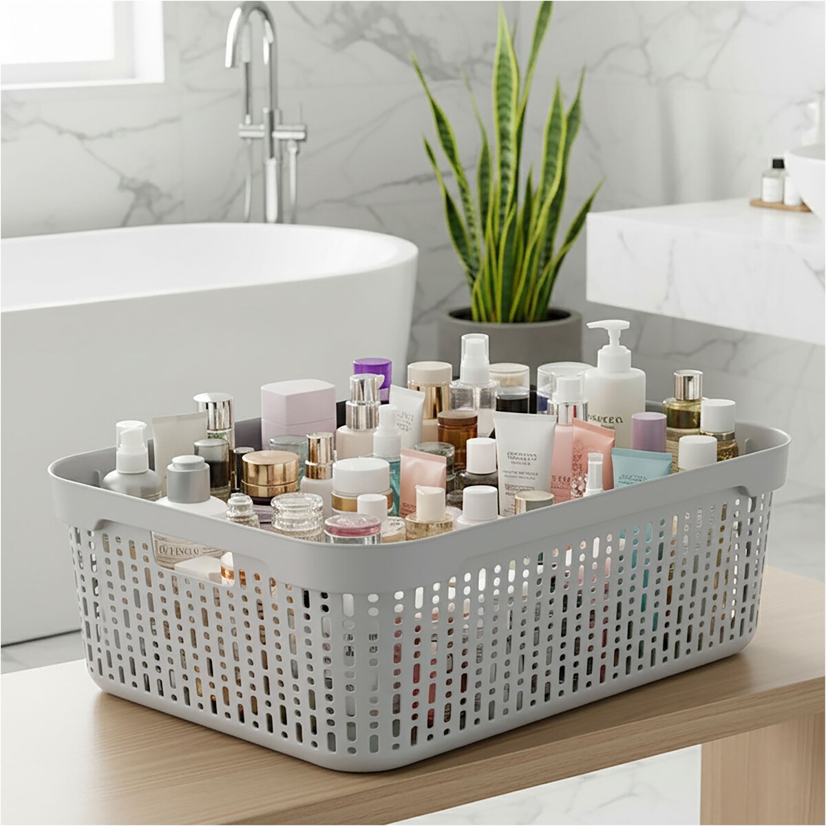 5X Koszyk Koszyczek Ażurowy Plastikowy Na Kosmetyki Do Łazienki Pojemnik Z Pokrywką Zamykany Z Dziurkami Jasnoszary Zestaw