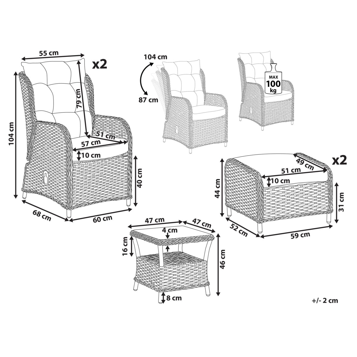 Zestaw ogrodowy ze stolikiem i otomaną dla 2 osób PONZA Technorattan Brązowy