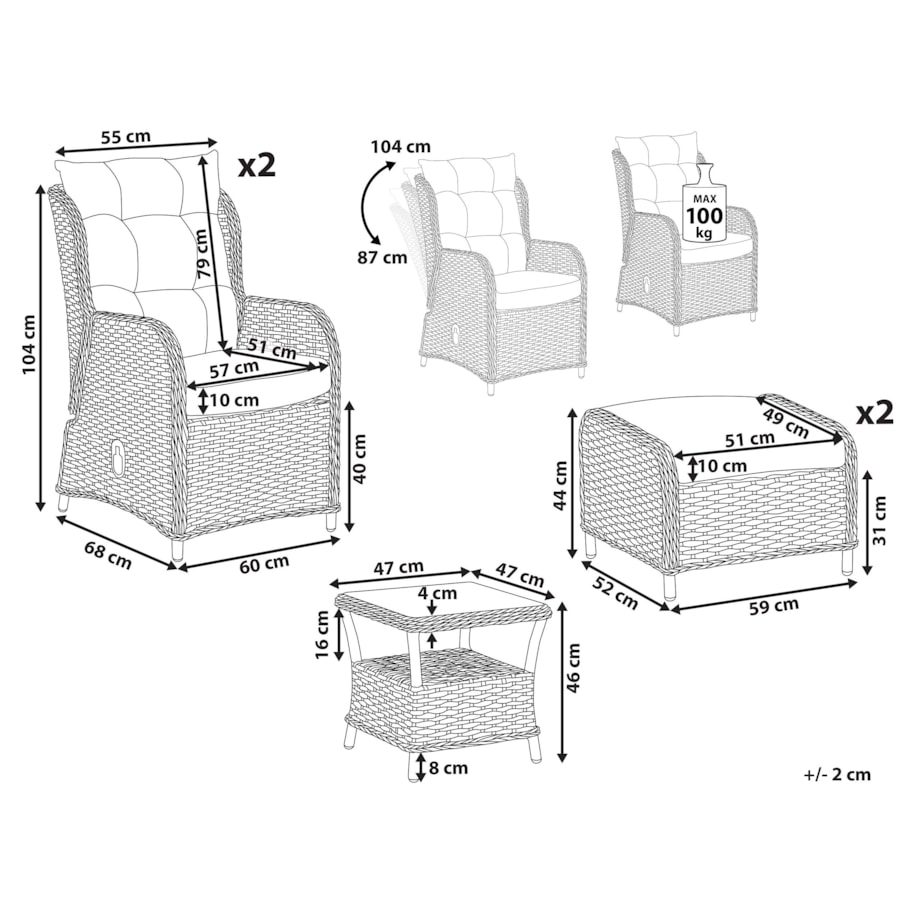Zestaw ogrodowy ze stolikiem i otomaną dla 2 osób PONZA Technorattan Brązowy