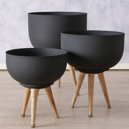 Metalowe doniczki na kwiaty TOPCO, nóżki z drewna mango, 3 sztuki