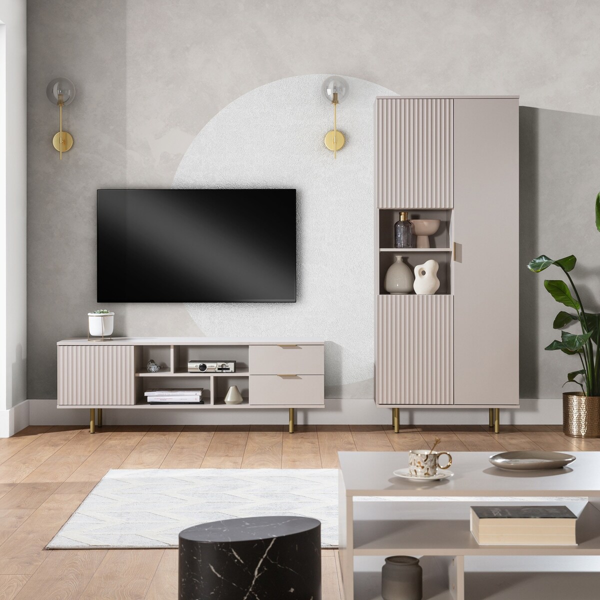 Witryna dwudrzwiowa, ryflowana, beżowa/złote nóżki Molly