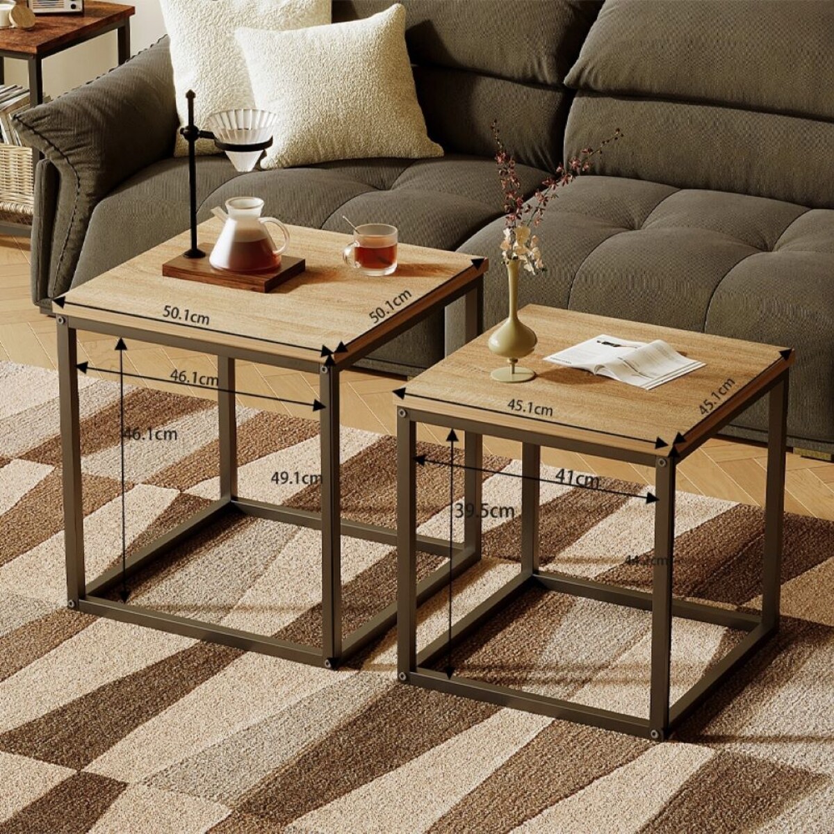 Stoliki kawowe 2w1 loft jasny brąz 50 cm czarny stelaż zestaw 2 sztuki