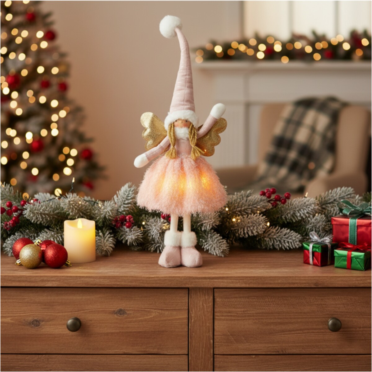 Aniołek Figurka Stojący 50 Cm Świąteczny Boże Narodzenie Różowa Czapka