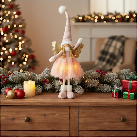 Aniołek Figurka Stojący 50 Cm Świąteczny Boże Narodzenie Różowa Czapka