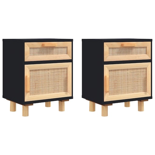 vidaXL Szafki nocne, 2 szt., czarne, lite drewno sosnowe i rattan