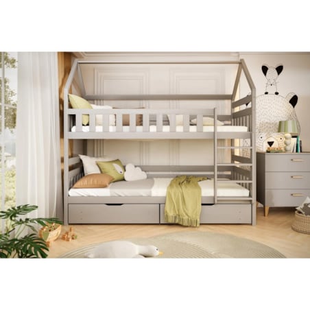 Łóżko piętrowe domek FELIKS 200x80 szare drewniane trzyosobowe