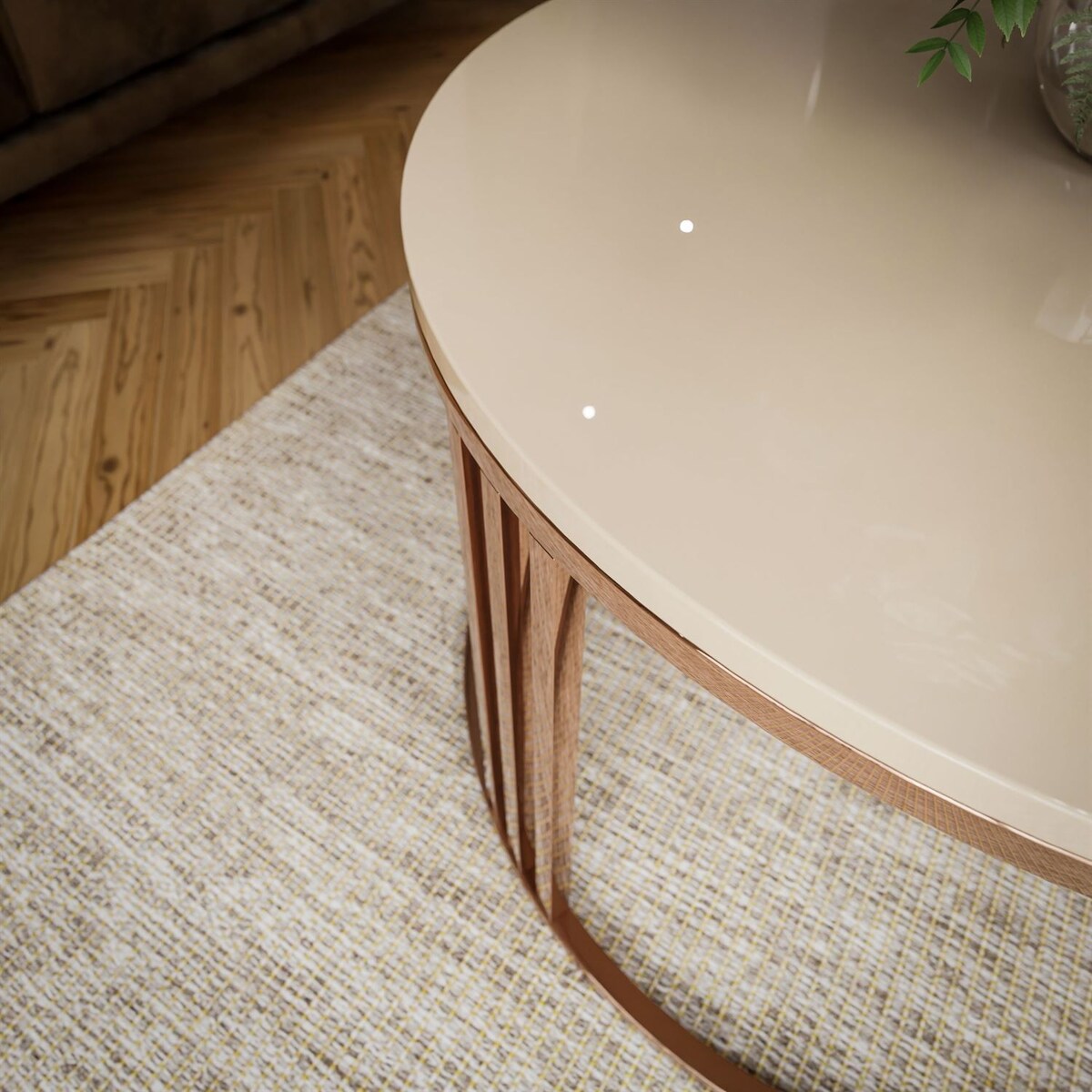 Okrągły stolik kawowy LORI połysk z miedzianym stelażem, kaszmir połysk