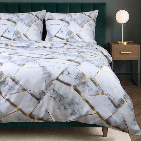 Pościel satyna bawełniana 180x200 Marbela marmur, biała i szara, złote detale, Satynlove
