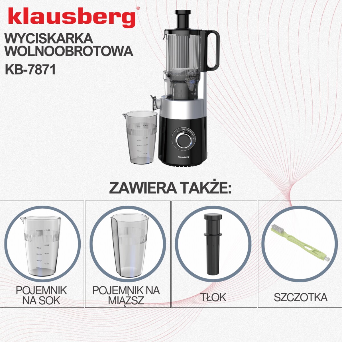 Sokowirówka wolnoobrotowa 180W do owoców i warzyw COLD PRESS KLAUSBERG KB-7871