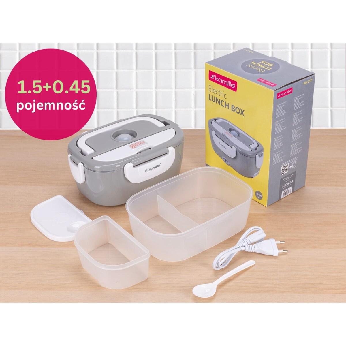 Elektryczny lunch box podgrzewany termos pojemnik na obiad 1.5L KAMILLE