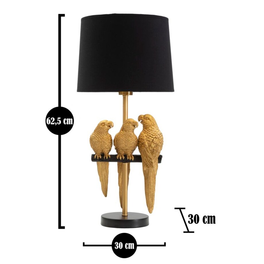 Lampa stołowa Parrots, kolor czarny i złoty, żelazo, PVC i poliester, 30 x 30 x 62,5 cm, 1 x E27, do salonu i sypialni, Mauro Ferretti