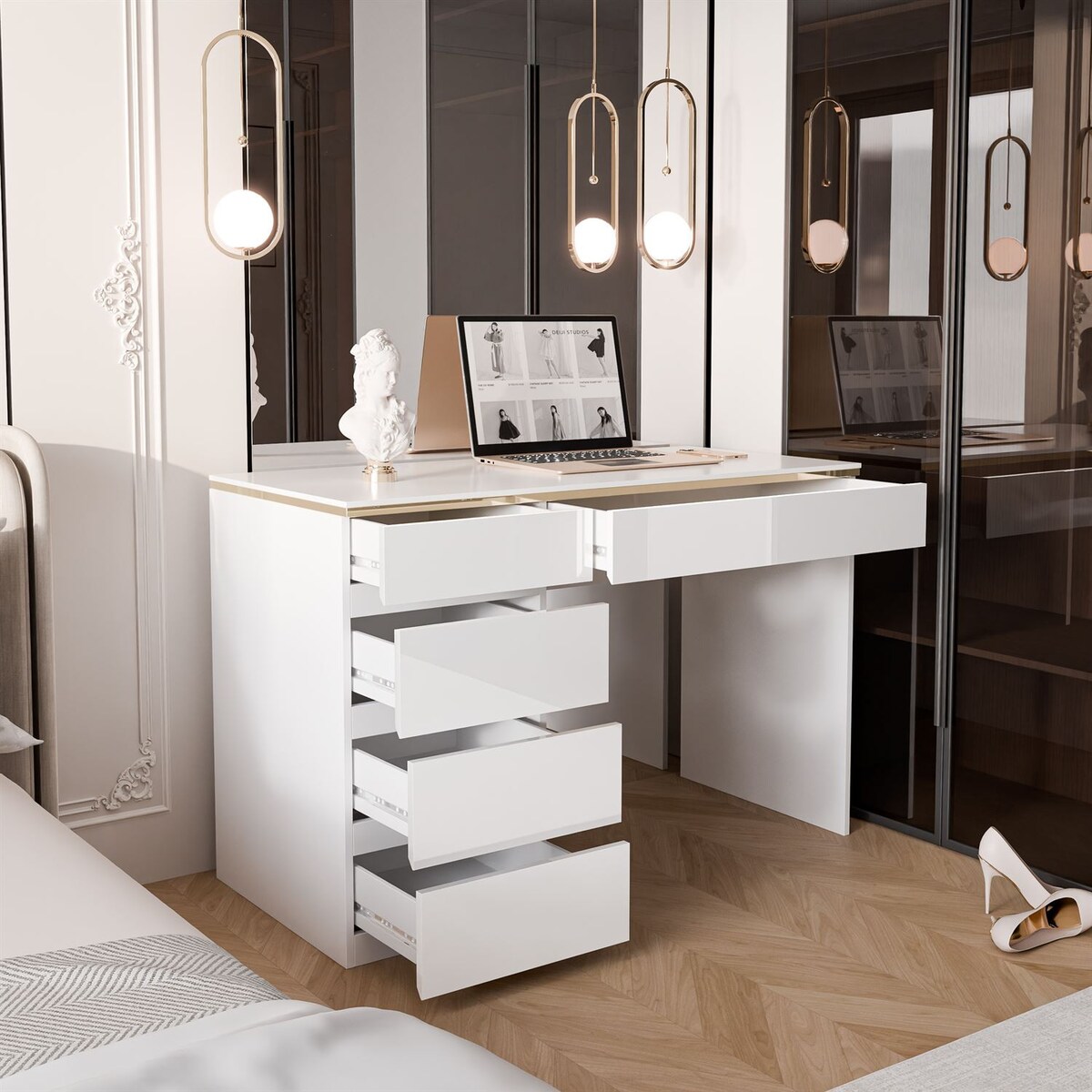 Biurko AURORA z szufladami biały połysk