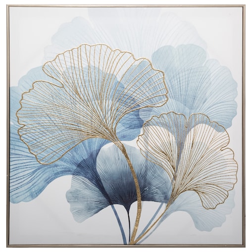 Ozdobny print w ramie GINKGO 62 x 62 cm, kolor niebieski, poliester