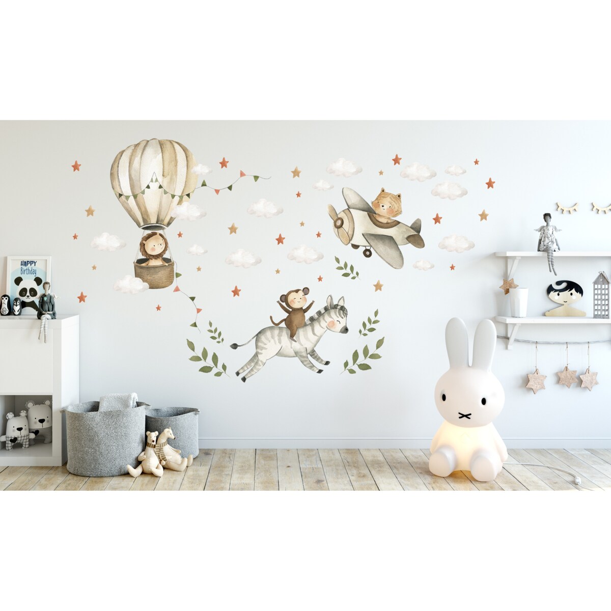 ZESTAW Naklejek Dla Dzieci Dzikie Zwierzęta Lew Zebra Małpka Chmurki Liście 120x60cm