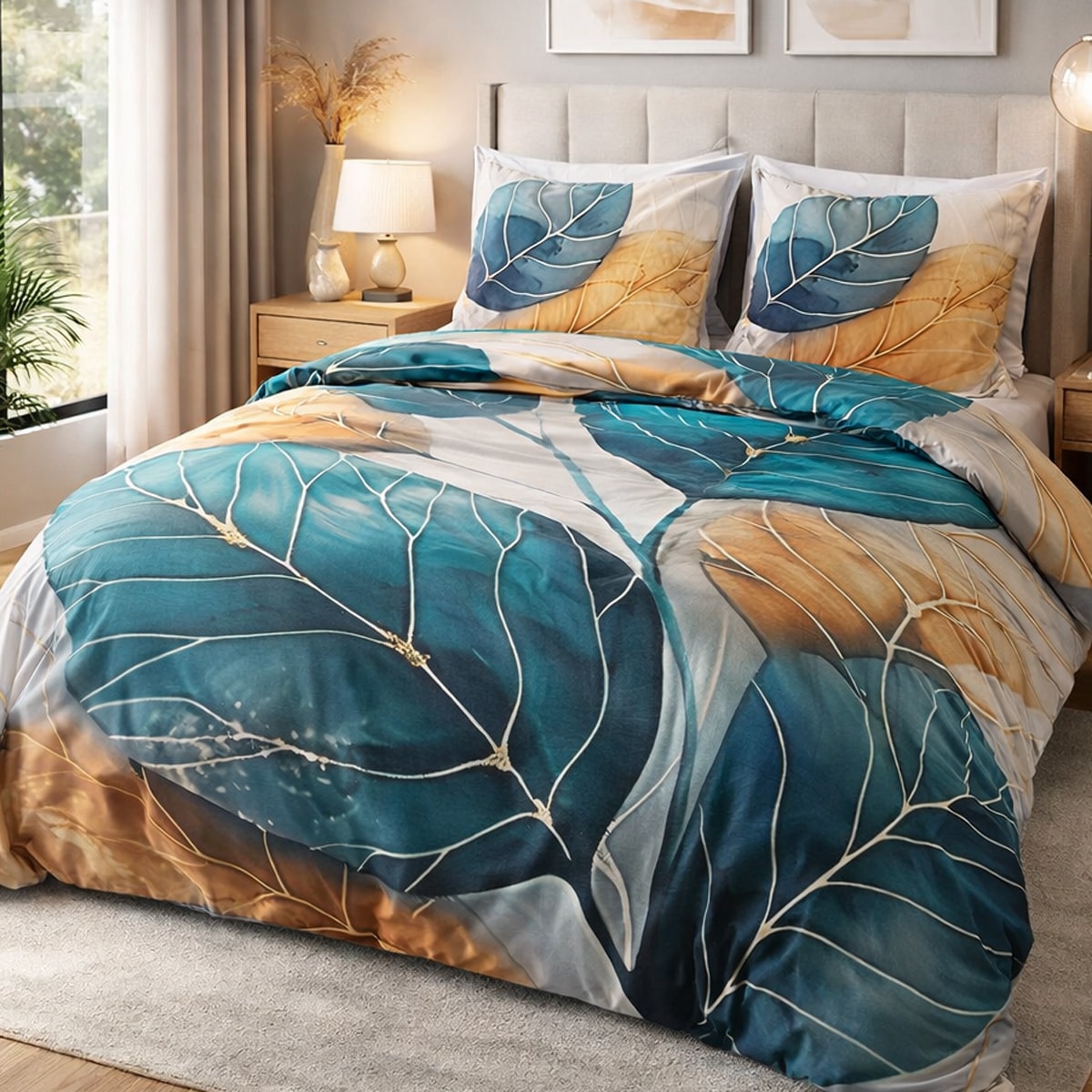 Pościel satyna bawełniana 160x200 Satynlove Premium Liście złote i turkusowe