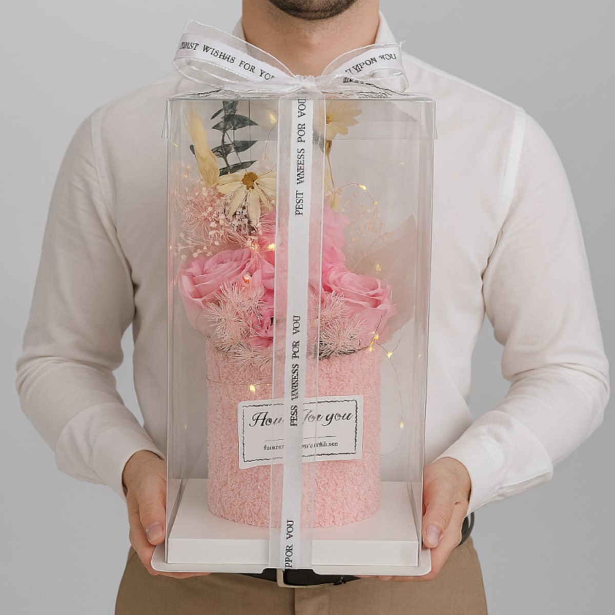 Bukiet zapachowych kwiatów mydlanych w pudełku na prezent, świecące LED BUK21