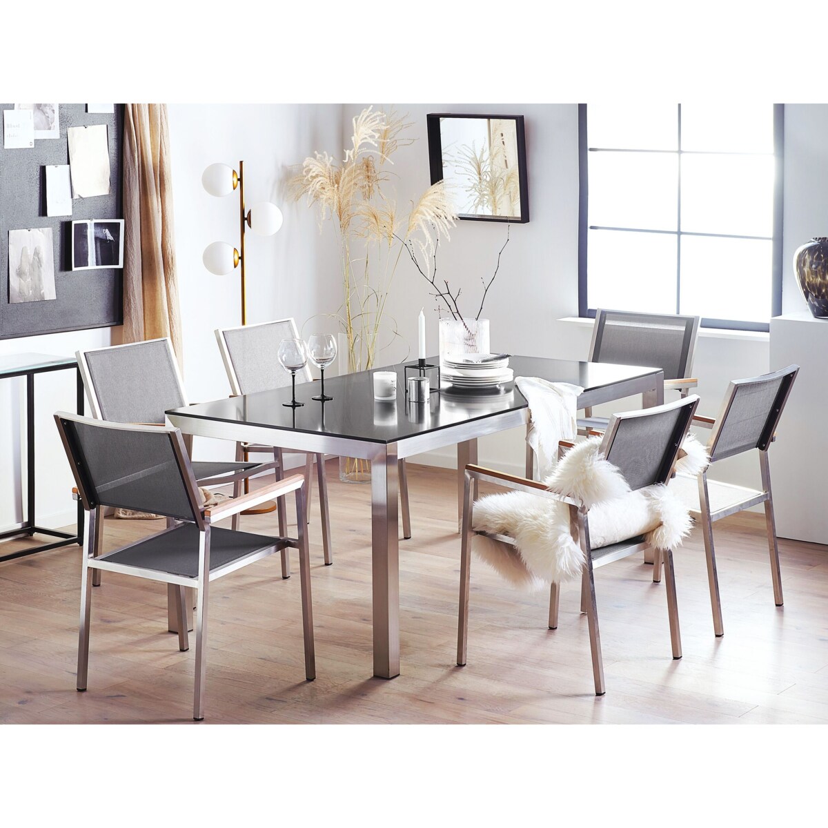 Zestaw ogrodowy stół granitowy czarny i 6 krzeseł szarych GROSSETO