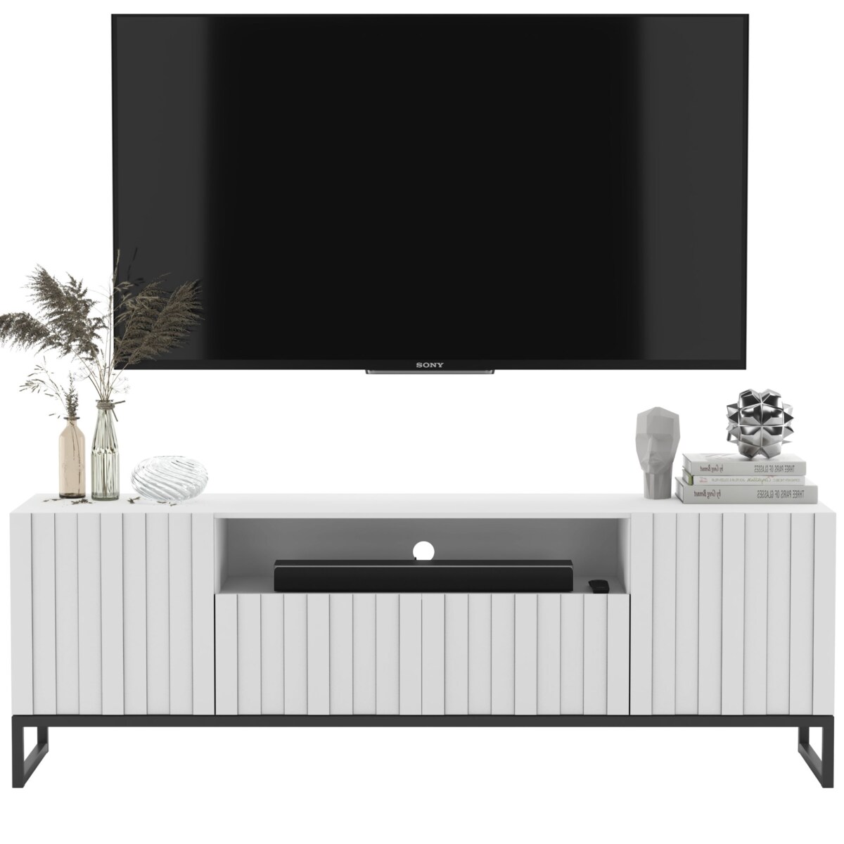 Szafka RTV Loft Biały MAT Komoda RTV Glamour Ryflowane fronty 150 cm Czarna Rama metalowa