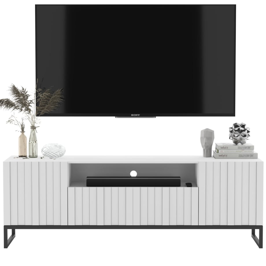 Szafka RTV Loft Biały MAT Komoda RTV Glamour Ryflowane fronty 150 cm Czarna Rama metalowa