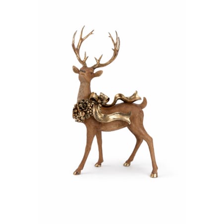Figurka - stojący renifer 70x42x37 cm MAXI-3 brązowy z wieńcem i złotą kokardą