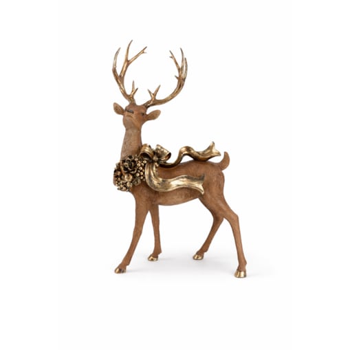 Figurka - stojący renifer 70x42x37 cm MAXI-3 brązowy z wieńcem i złotą kokardą