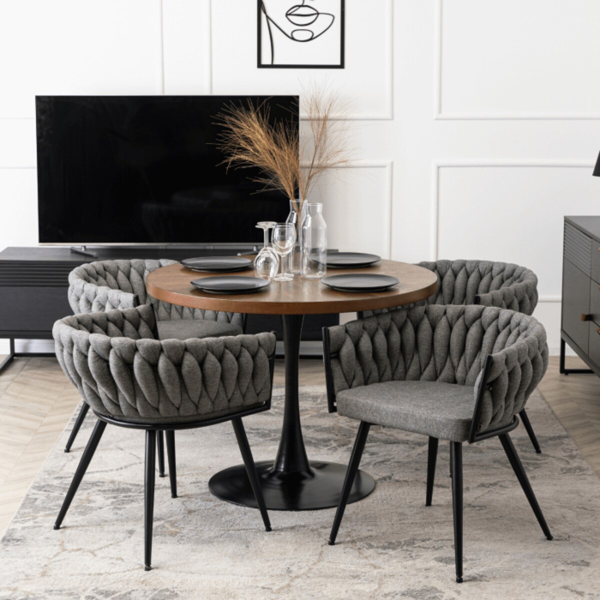 Krzesło Tapicerowane Szare Plecione Do Salonu Glamour EMPOLI