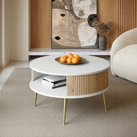 Stolik Kawowy Okrągły DO SALONU Biały Lamele Dąb Artisan VERLO GOLD 76cm