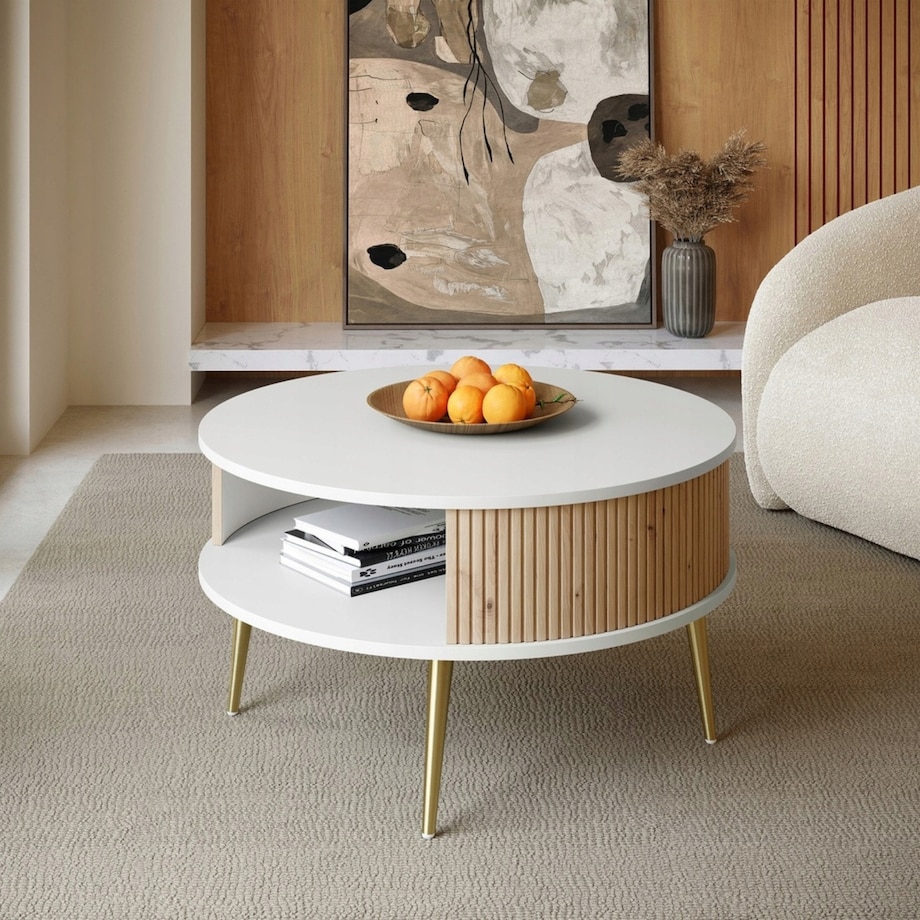 Stolik Kawowy Okrągły DO SALONU Biały Lamele Dąb Artisan VERLO GOLD 76cm