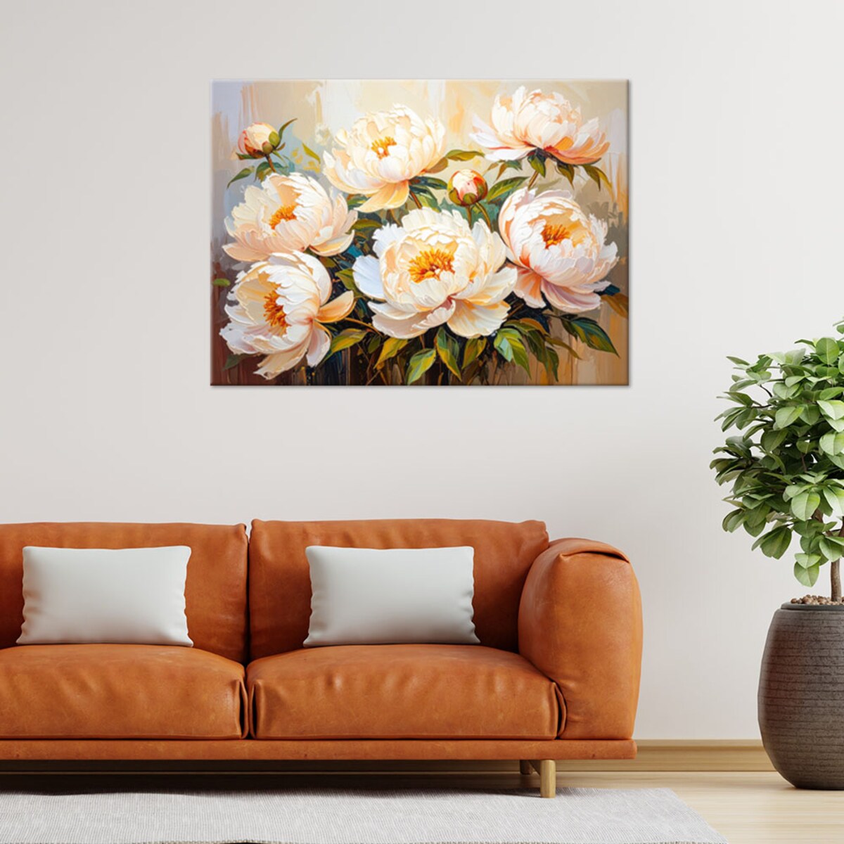 Feeby Obraz nowoczesny, Piwonie Kwiaty na beżowym tle imitacja farby 100x70