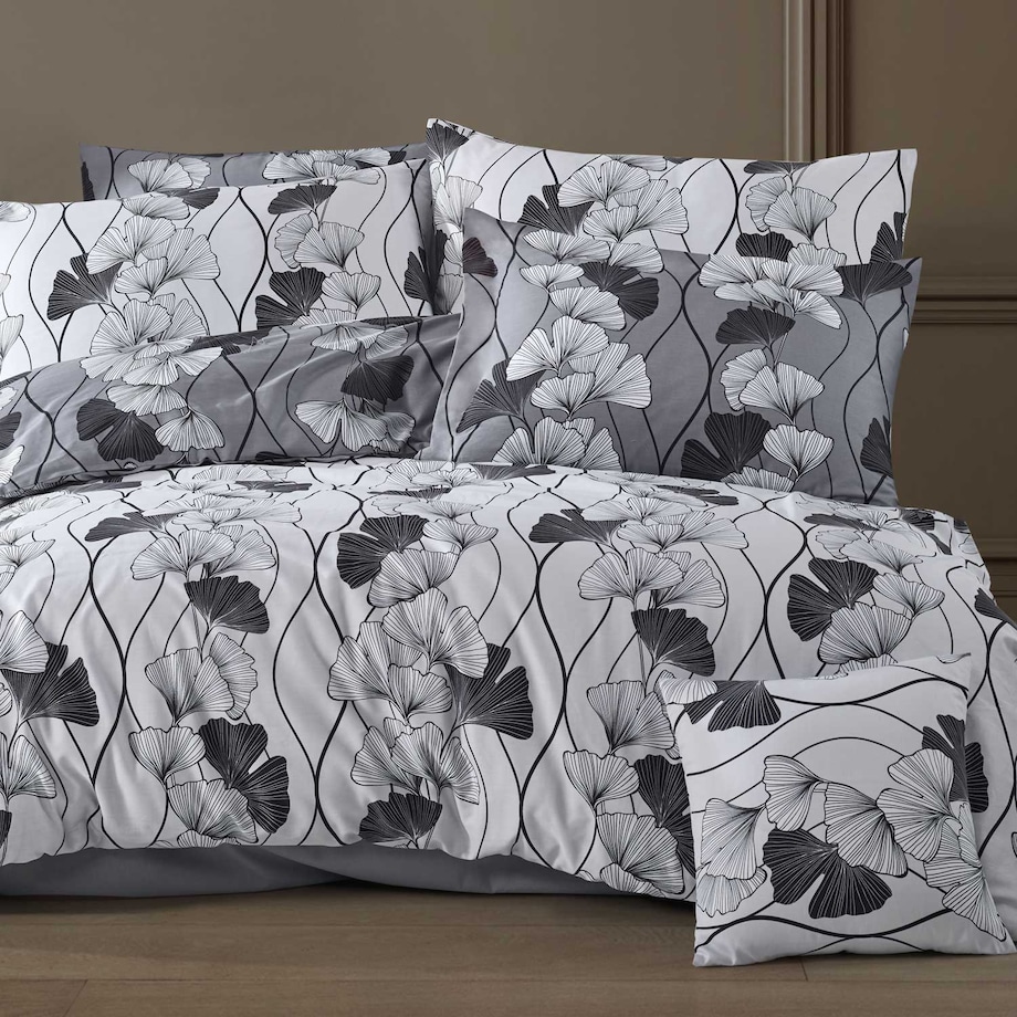 Pościel satyna bawełniana 160x200 Exclusive Cornelia biała w biało-czarne liście miłorzębu