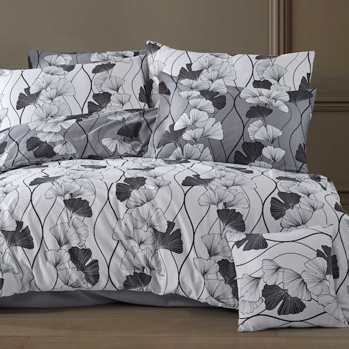 Pościel satyna bawełniana 160x200 Exclusive Cornelia biała w biało-czarne liście miłorzębu