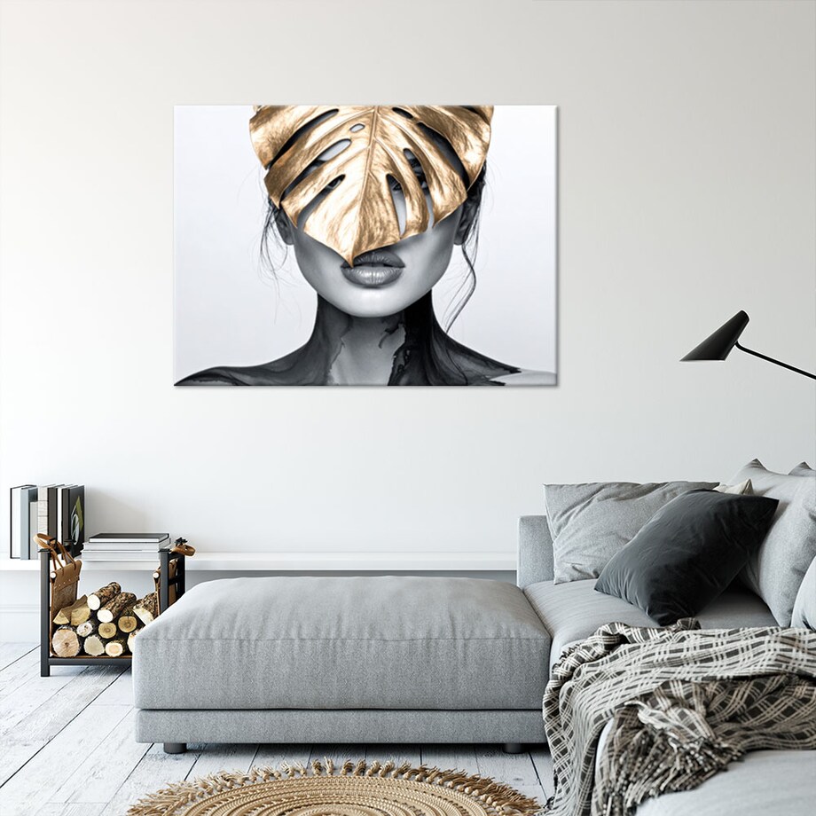Obraz nowoczesny do salonu sypialni, Portret kobieta i złoty liść monstery 100x70